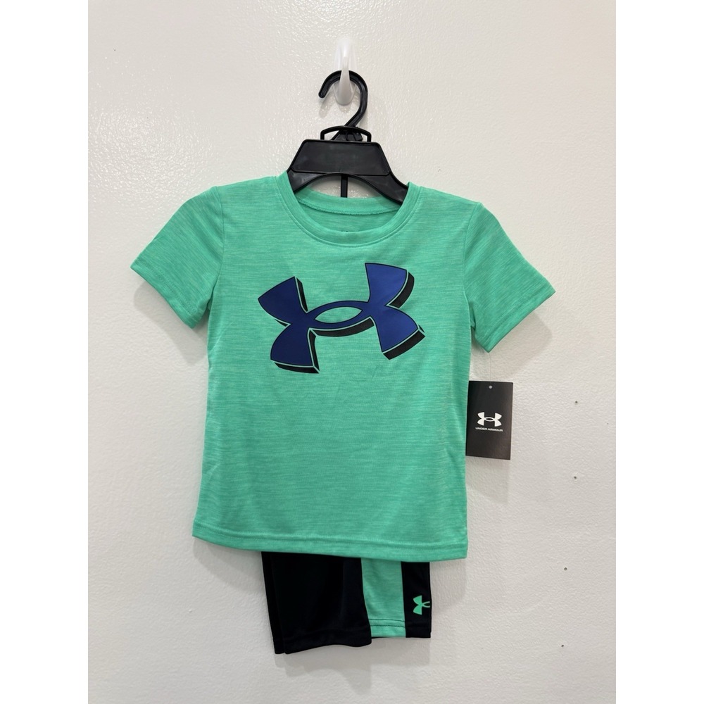Boys Under Armour 2-Piece Athletic Shorts Set Size 4 Green Black Logo Outfit NWT - Picture 1 of 3
